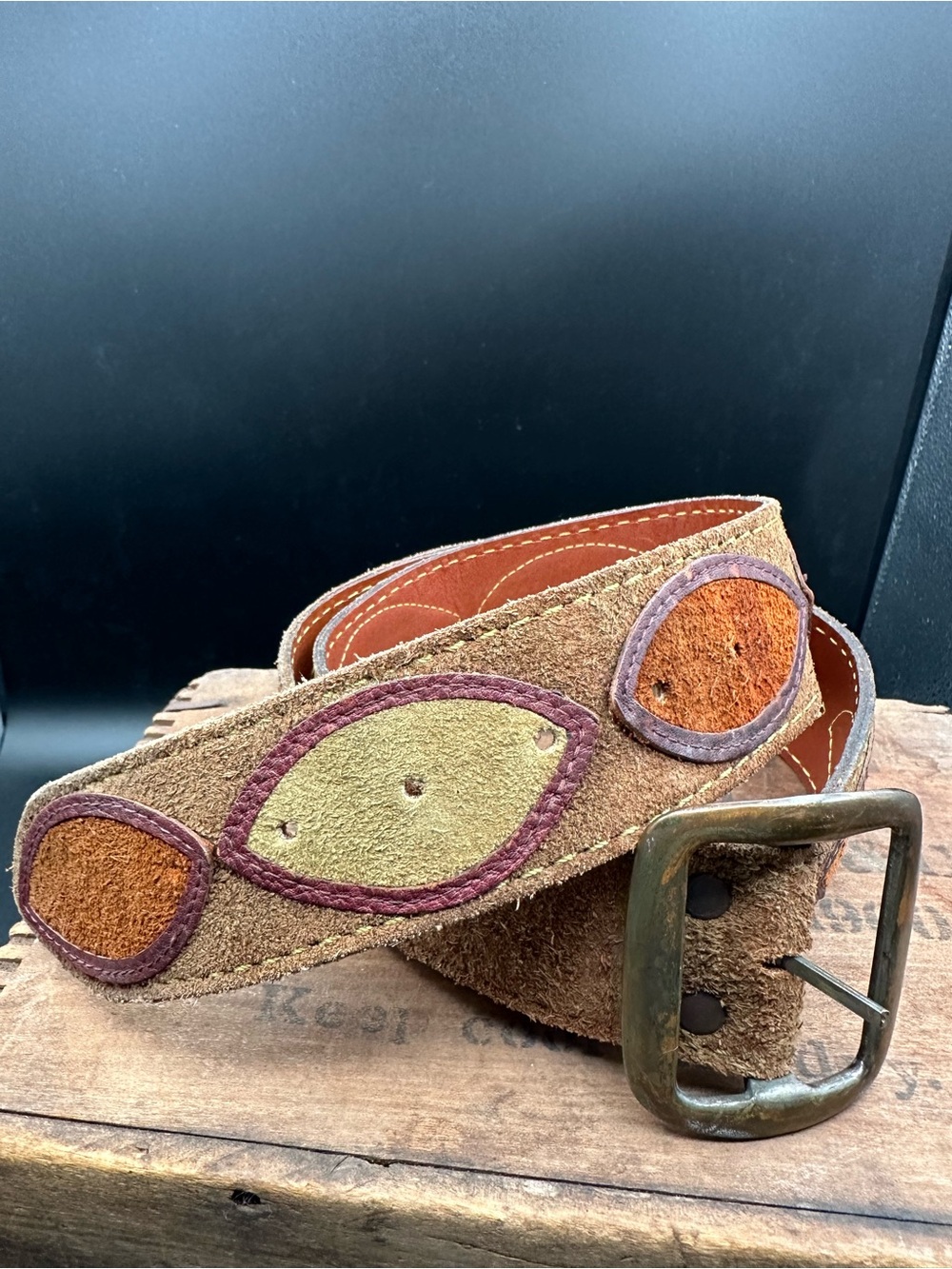 Harness House Vintage Suede Belt – Size 38, Mixed Leather Appliqué, EUC